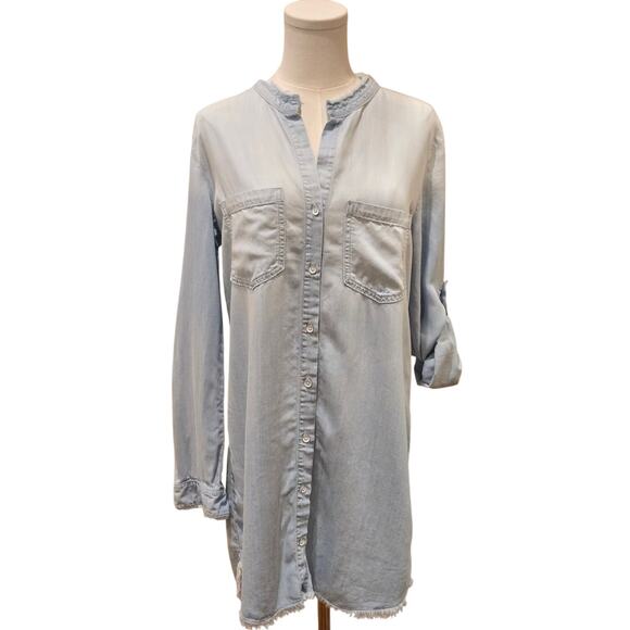 Cloth and Stone Blue Chambray Short Shirt Dress Button Collar Long Sleeve Small - Picture 2 of 11